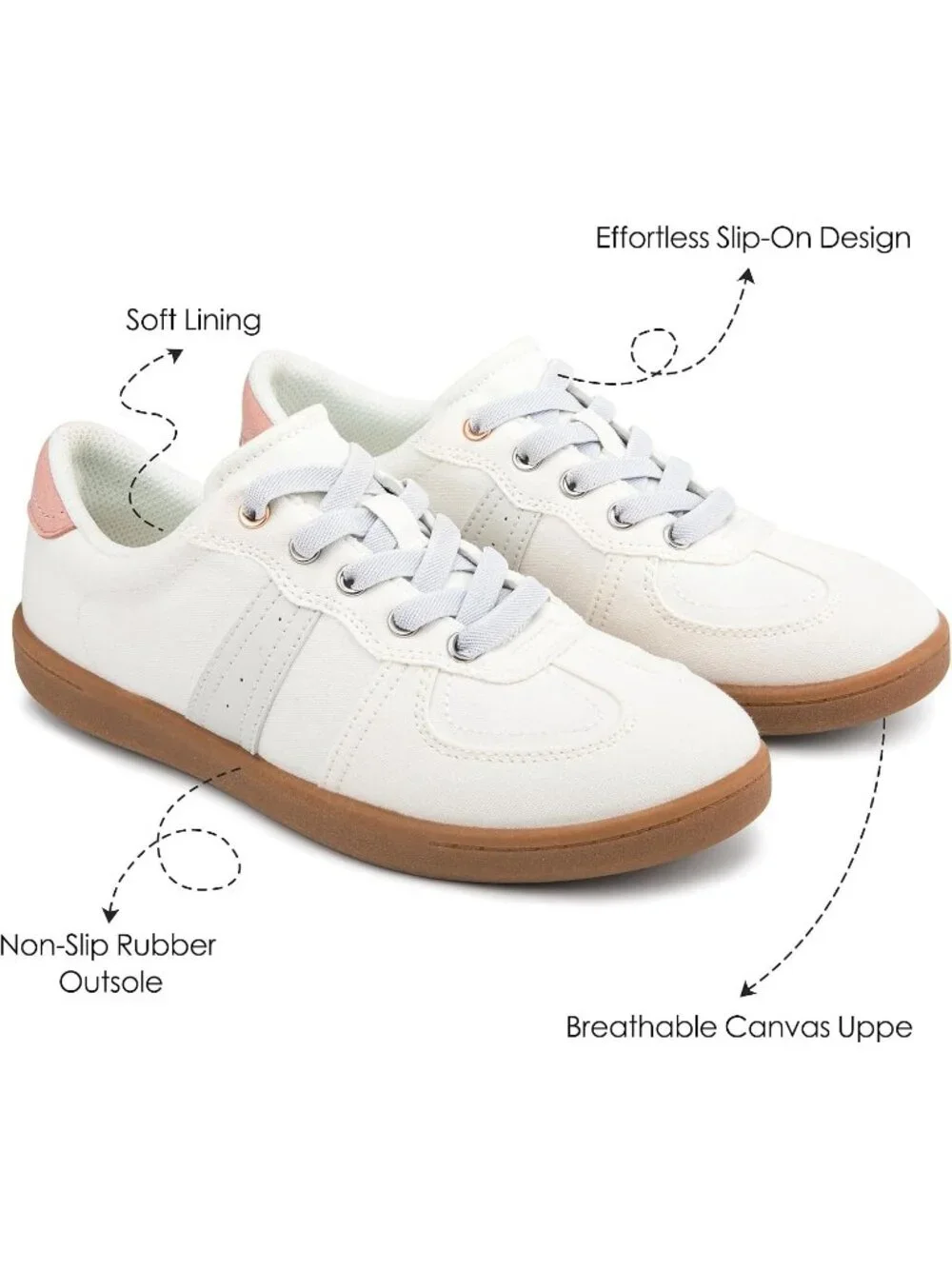 Women's White Canvas Shoes Flat Pull On Round Toe Athletic Tennis Sneakers